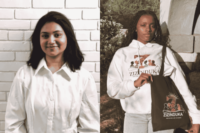 Two people look at the camera. They are in different locations.