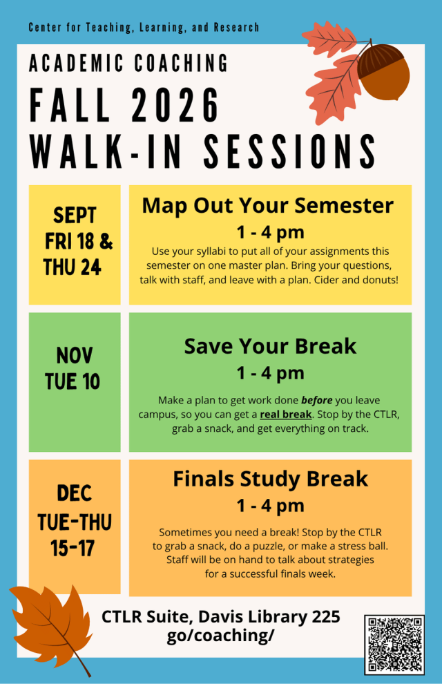 Event poster with blue background and fall leaves