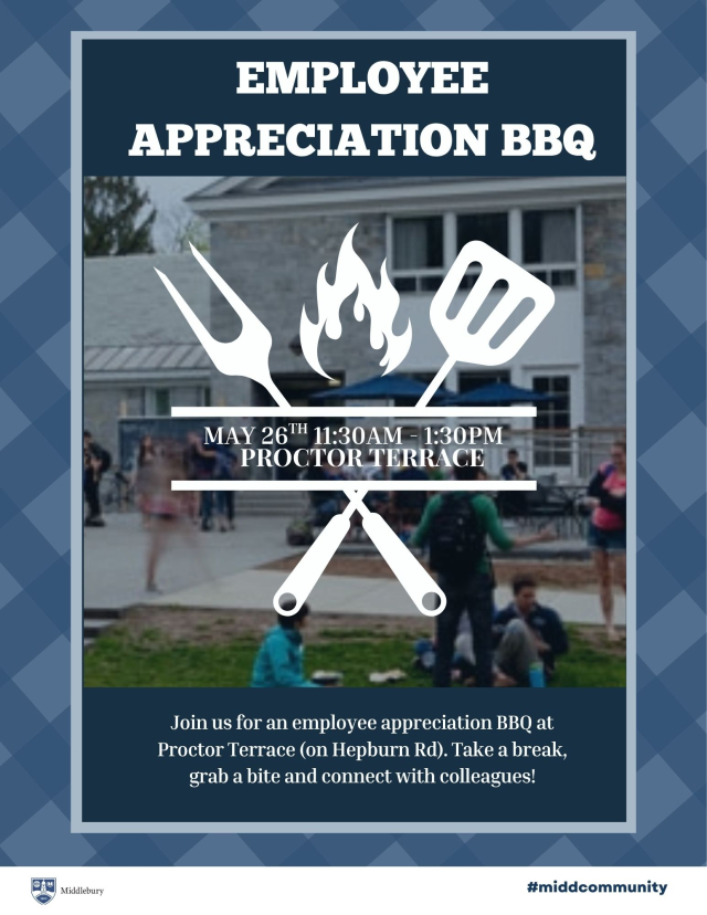 blue gingham flyer "employee appreciation BBQ, may 26th 11:30-1:30PM proctor terrace"