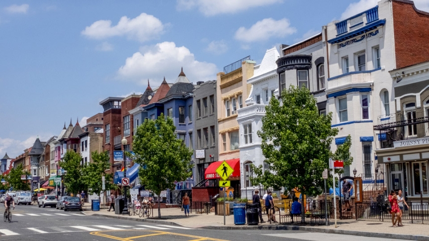 Downtown DC street with people.