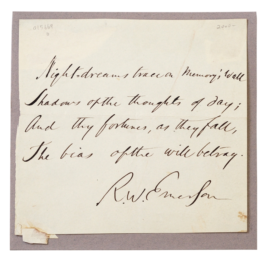 Handwritten poem by Ralph Waldo Emerson, from Middlebury’s Special Collections.