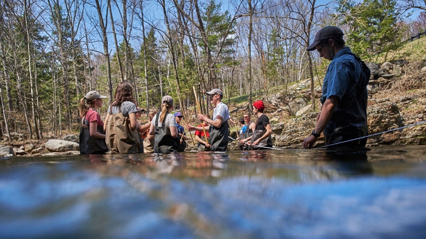 Students working on a project in the river.