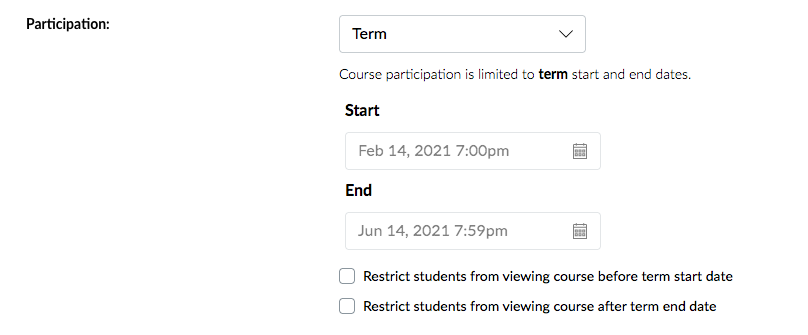 Screen-shot showing the default Participation settings in Canvas for courses where the dates are the same as or within the term dates.