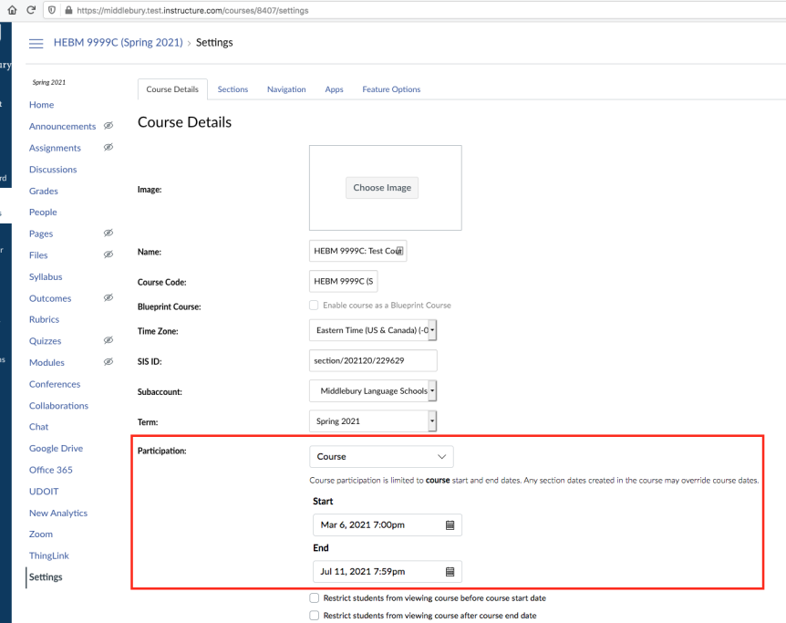 Screen-shot of Canvas course settings page showing the defaults for a course with dates outside of the term dates.