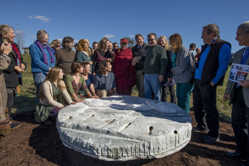 Dalai Lama visit, here he and others gathers around the new seat installed next to the labyrinth at the knoll