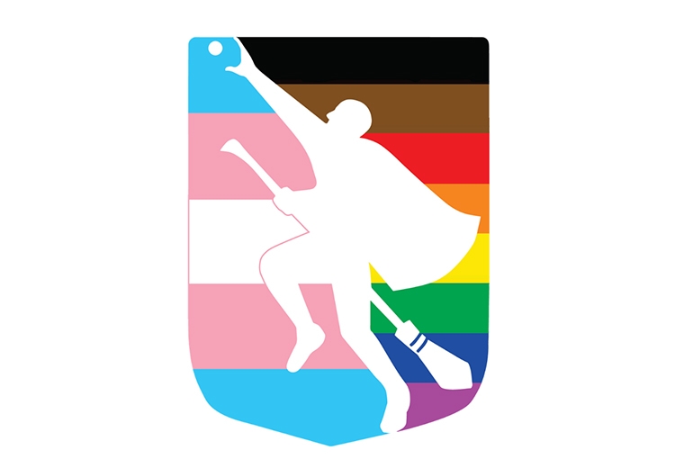 Graphic of a Harry Potter Quidditch player overlaying the LGBTQ flag