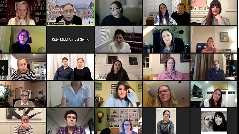zoom screen of members of the class of 1997 during an online fireside chat with President Laurie Patton