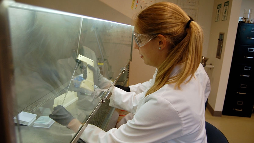 A student working safely in a science lab.