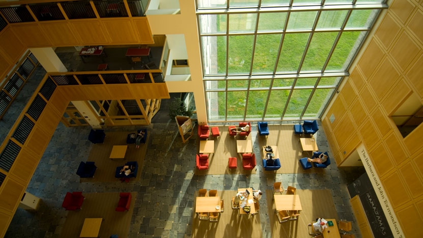 Looking down from the balcony to the Great Hall in Bicentennial Hall.