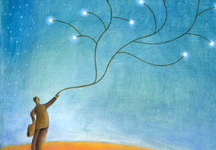 Illustration of a Person pointing to the sky. A branch sprouts from the pointing finger that sparkles at the tips.