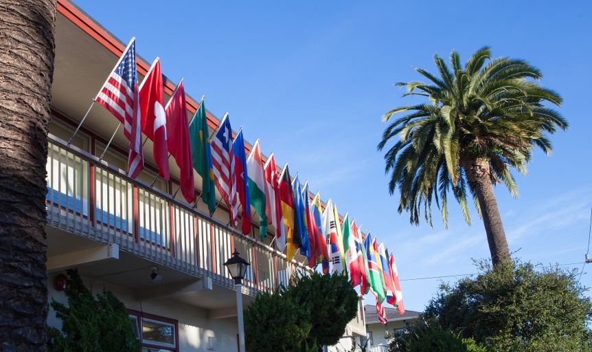 MIIS building with flags