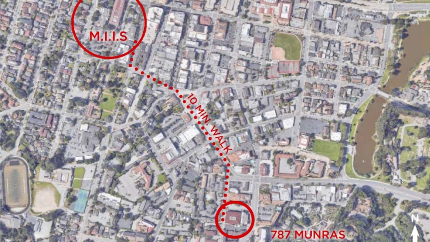 Aerial view of Monterey showing the walking path from campus to the dorm