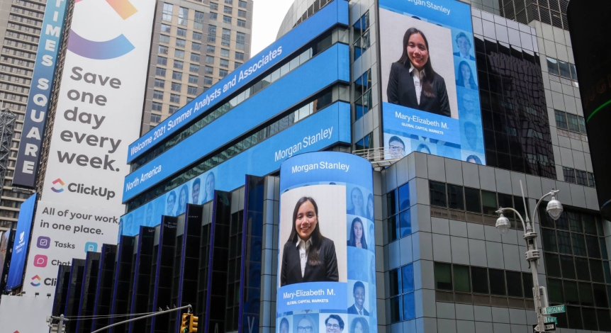 Mary McCourt on the Times Square billboard for Morgan Stanley