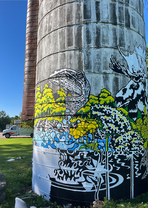A mural of Vermont wildlife painted on the side of a silo