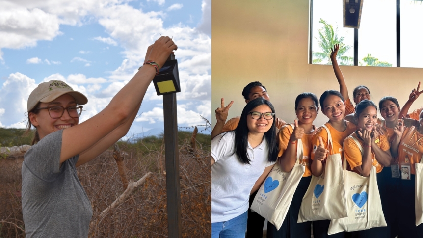 A two photo collage with an image on the left of Elspeth Collard smiling at the camera while pushing a wooden rod into the ground, and on the right, Ngan Bui poses with a group of smiling school children.