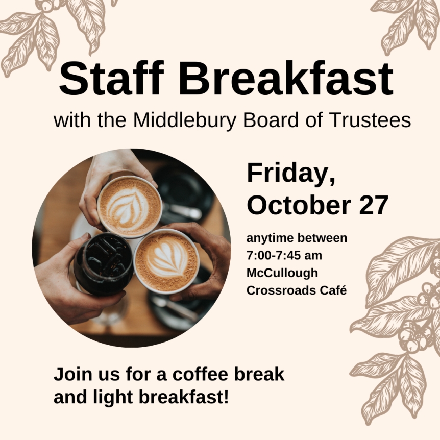 A tan background with illustrated brown leaves on the edges. In the center is a photo of three cups of coffee.