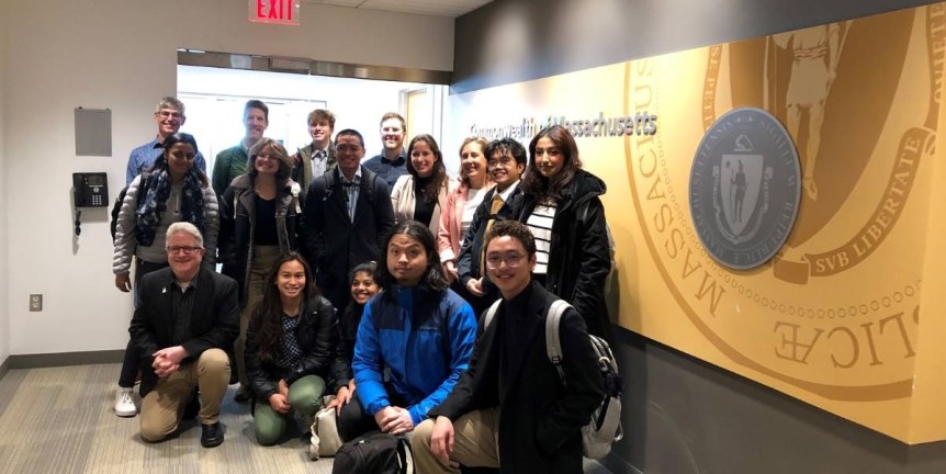 A group of students posing in the lobby