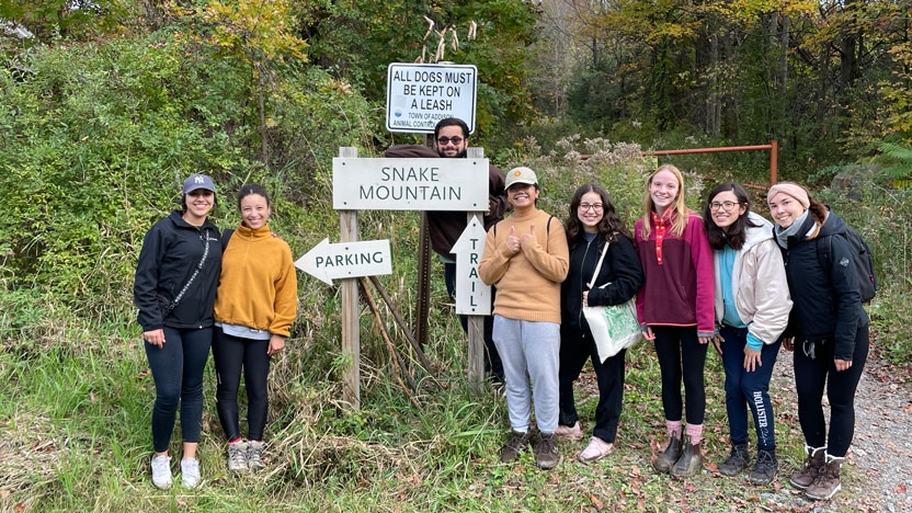Students hiking Snake Mountain.