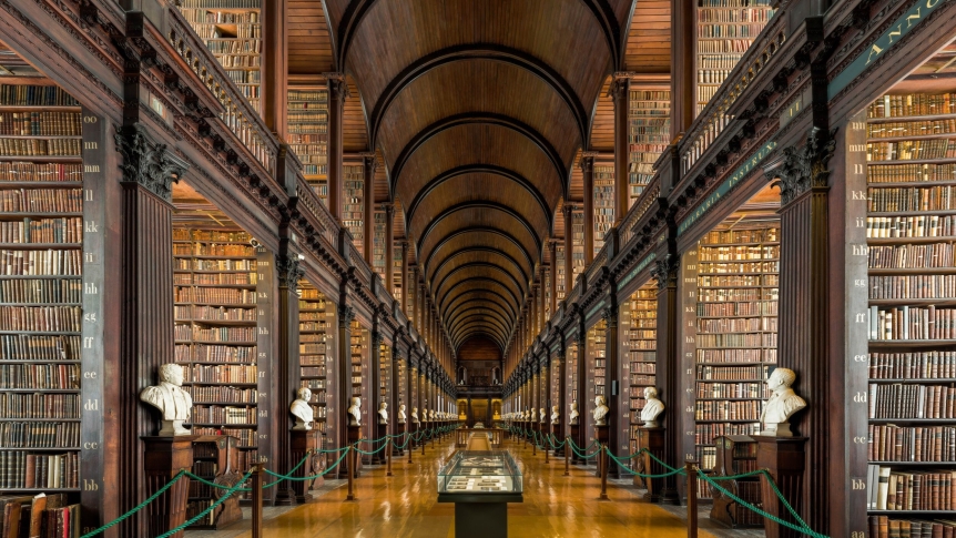 interior view of ancient library with vaulted ceiling