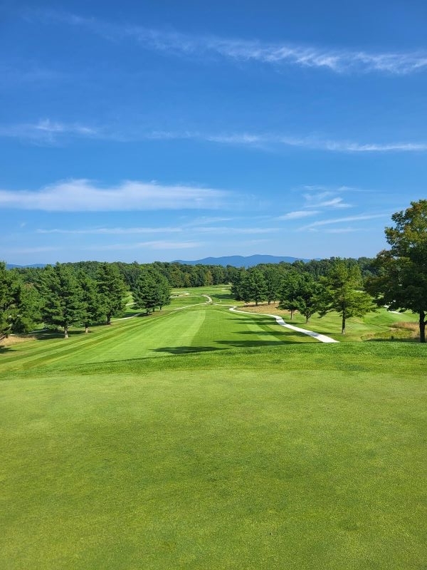 View of bright green grass and blue skies on the golf course with mountains in the background