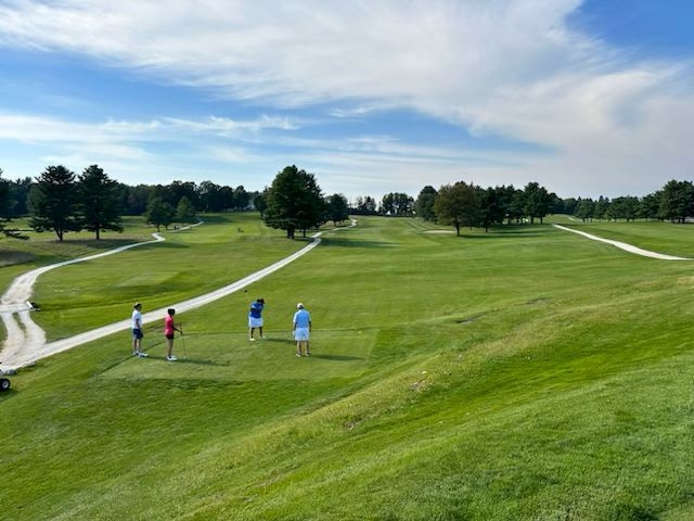 Colleagues standing together playing golf