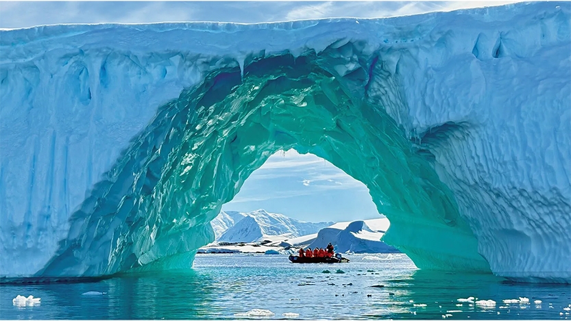 people on a raft in Antarctica
