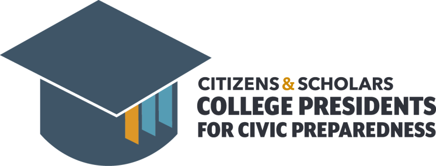 A graduation cap next to text saying Citizens and scholars college presidents for civic preparedness
