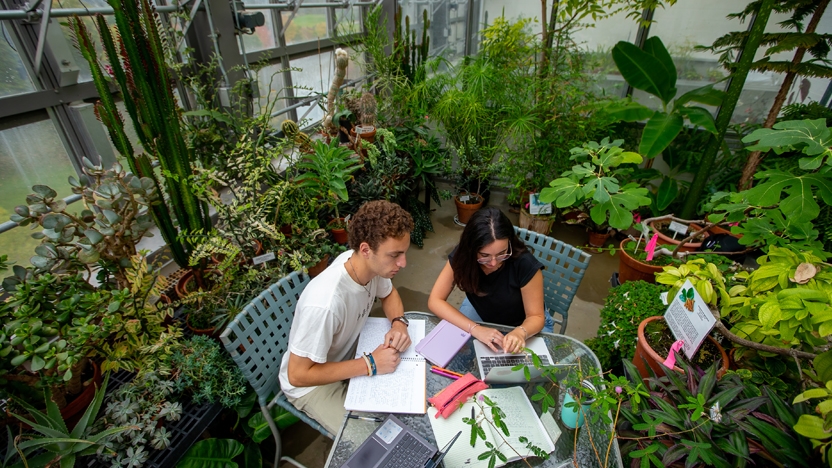 Students in Bi Hall greenhouse