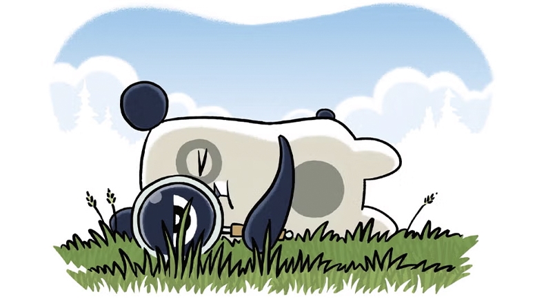 Illustration of a Panda in grass with magnify glass