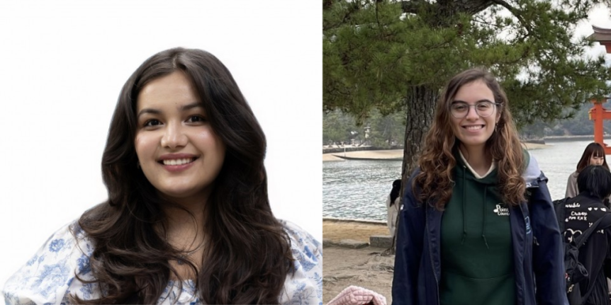 A collage of two women, one against a white backdrop and another in front of a lake.