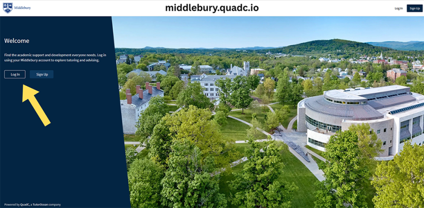Aerial view of library, trees, and mountains