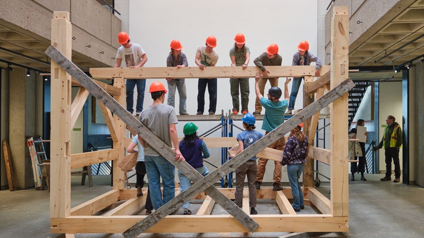 Students and faculty participate in Forest to Frame, a J-term class that a class that teaches students the theory and practice of timber framing with a focus on 19th-century Vermont vernacular architecture.