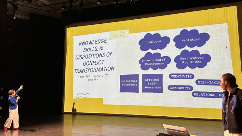 A speaker points to a large screen with pictures and words on it.