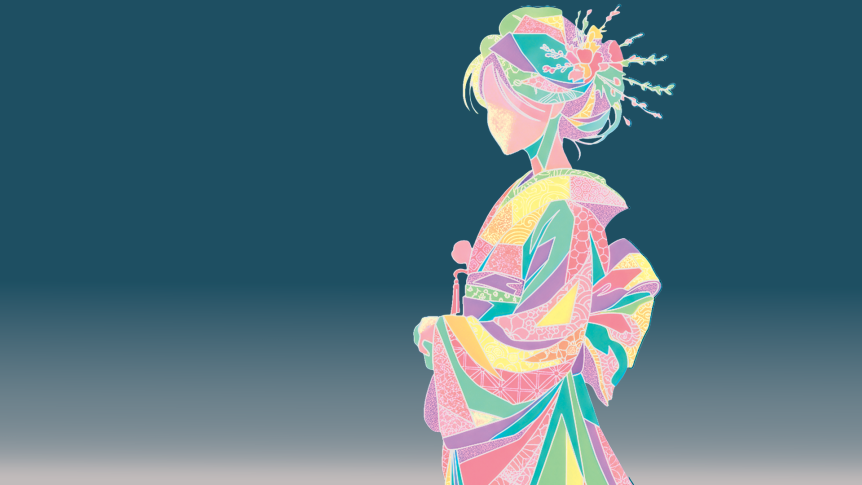 illustration of a woman in a colorful kimono with layered patterns in yellow, pink, purple, and aqua