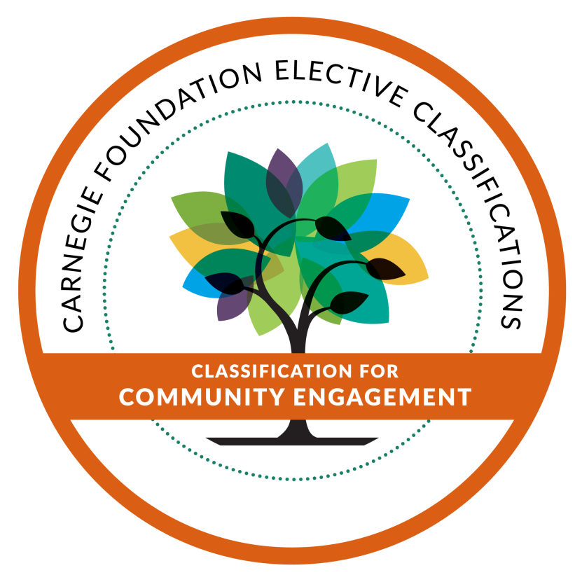 Round orange seal with a colorful tree in the center. Text reads: Carnegie Foundation Elective Classifications: Classification for Community Engagement