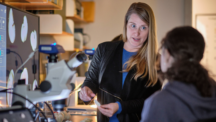 Professor of earth science working with student in lab