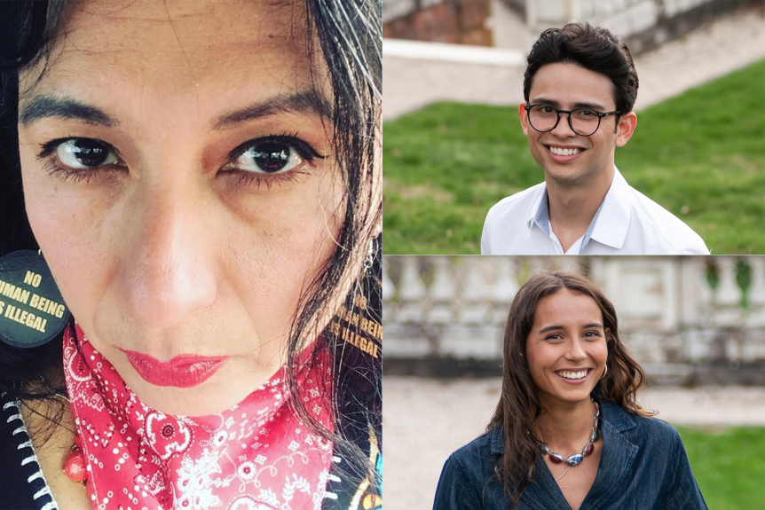 A collage of three photos. Two of the people are smiling, one has a more serious expression.