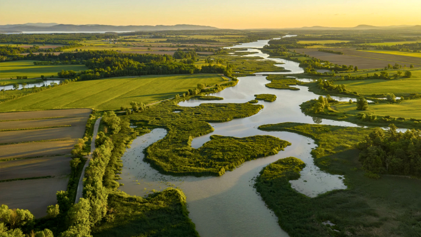 Aerial view of farmland and streams south of Middlebury, Vermont.