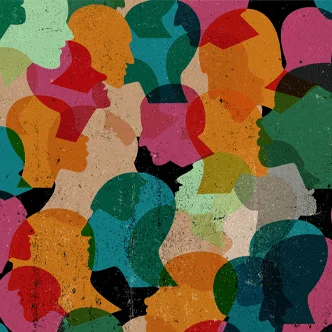 An illustration of many different colored silloutes of heads.