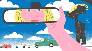 An illustration of a blonde woman looking into a rear view mirror as she adjusts it. Outside of the windshield there is a line of cars, including a large statue of a gorilla holding up a Volkswagon Bug. 
