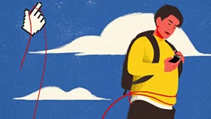 An illustration of a man with a backpack looking down at his phone. The sky and clouds are behind him along with a digital hand holding a string that is tied around the man's waist.