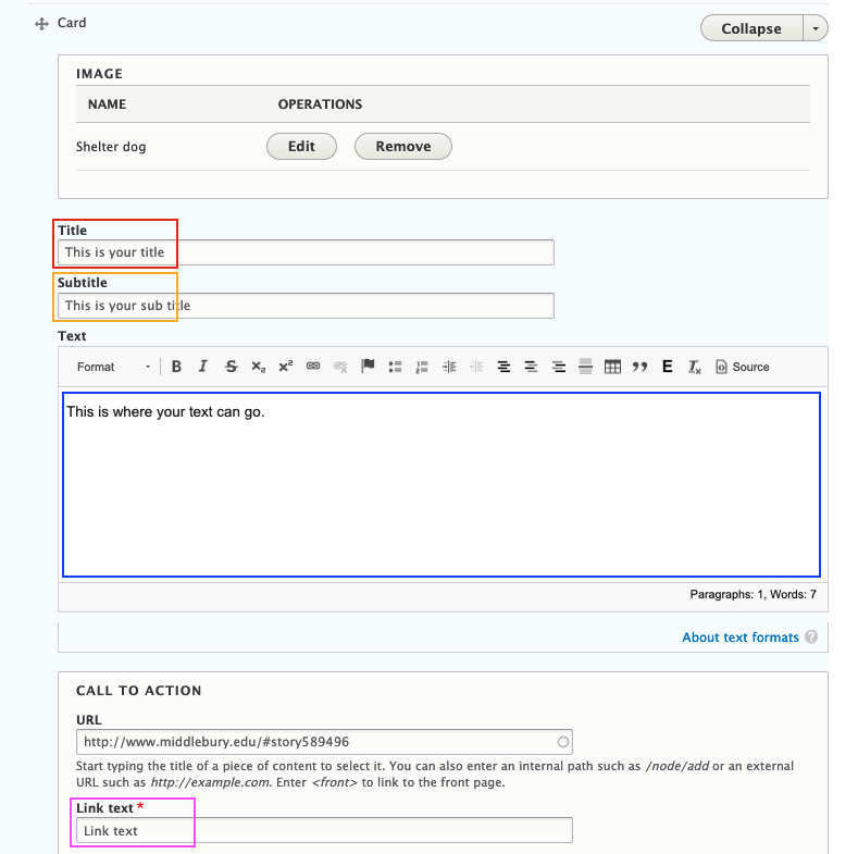 Editing interface for adding a card to the card carousel component