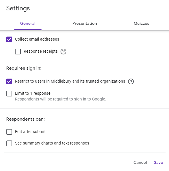 A screenshot of the sharing settings in Google Forms with the "Restrict to users in Middlebury and its trusted organizations" checkbox checked in the "Requires sign in" section.