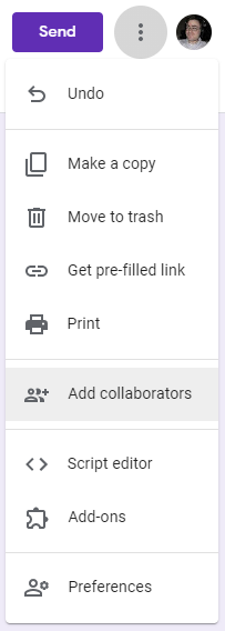 A screenshot of the settings dialog in Google Forms showing the "Add collaborators" option, which is the sixth option in the menu, selected.
