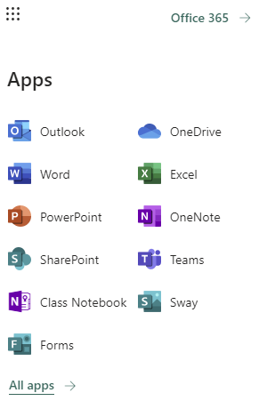 The Apps panel in Office365 with an "All apps" link appearing at the bottom of the list.