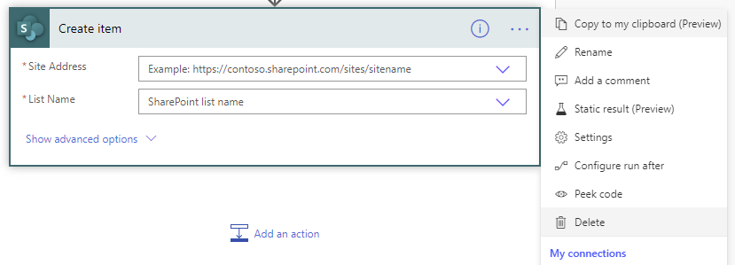 The dialog options displayed when clicking the ".. ." menu option next to "Create item" for the SharePoint list, showing the Delete option.