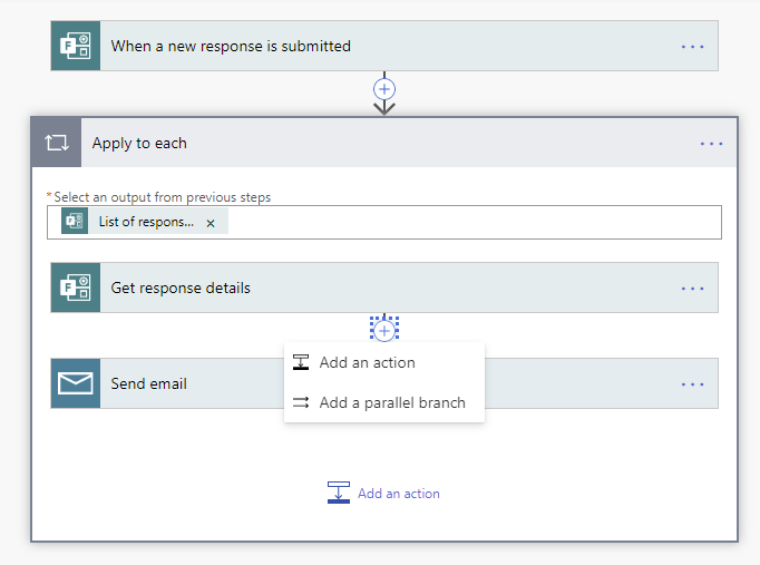 Below the "Get response details" box in the "Apply to each" section the plus button is active and showing the "Add an action" option.