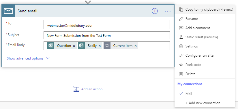 The options menu for the Send email dialog is shown with the "Copy to my clipboard (Preview)" option, which is first in the list, selected.