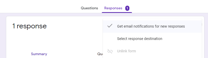A screenshot of the Google Forms response settings dialog, showing the "Get email notifications for new responses" option checked.