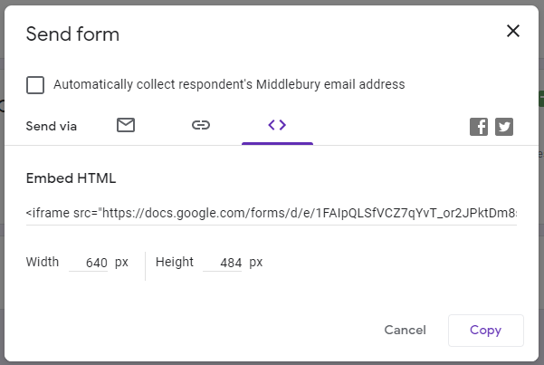 A screenshot of the Send Form dialog showing the "< >" tab with the "Embed HTML" field.